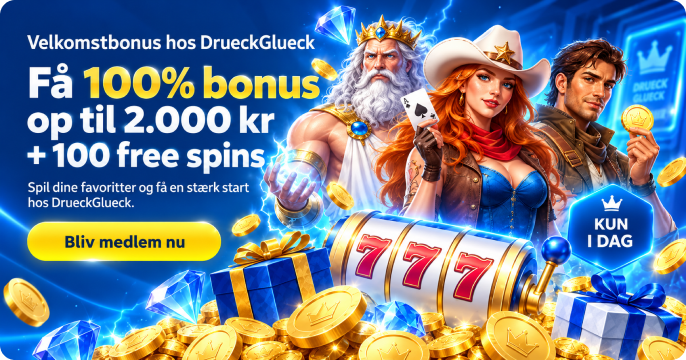 DrueckGlueck Casino velkomstbonus 100% op til 2.000 kr + 100 free spins