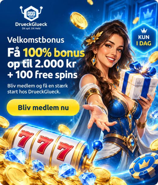 DrueckGlueck registrering med velkomstbonus op til 2.000 kr + 100 free spins